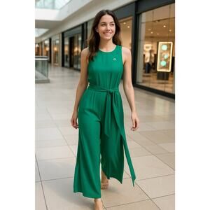 Premier Amour Green Sleeveless Wide Leg Jumpsuit Women’s Sz 12 Belted One Piece